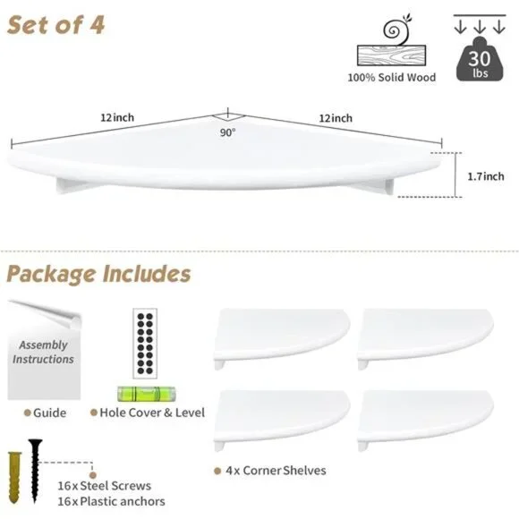 Forbena Corner White Floating Book Shelves for Wall Set of 4, Wood Nursery